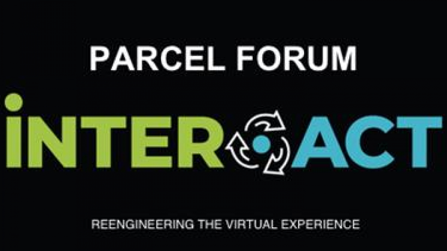 Logo for Parcel Forum Interact with INTER in green, ACT in blue, and recycling arrows inside the A. Text below reads Reengineering the virtual experience on a black background.