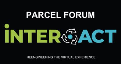Logo for Parcel Forum Interact with INTER in green, ACT in blue, and recycling arrows inside the A. Text below reads Reengineering the virtual experience on a black background.