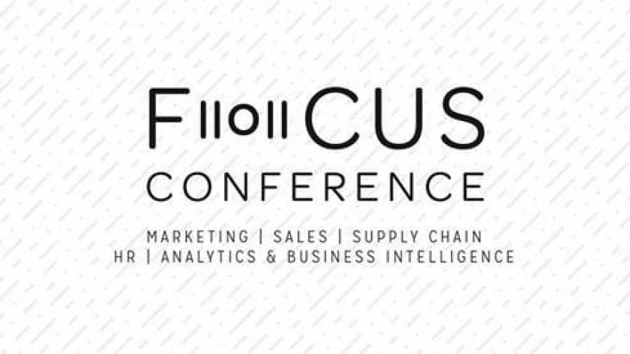 Logo for the Focus Conference, featuring bold black text. Below, categories listed: Marketing, Sales, Supply Chain, HR, Analytics & Business Intelligence. The background has a subtle diagonal line pattern.