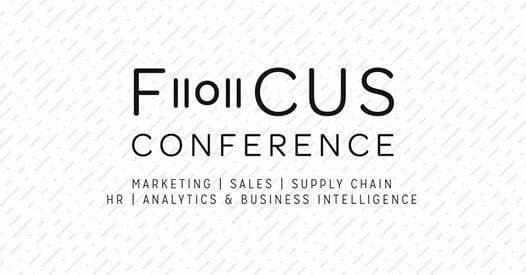Logo for the Focus Conference, featuring bold black text. Below, categories listed: Marketing, Sales, Supply Chain, HR, Analytics & Business Intelligence. The background has a subtle diagonal line pattern.