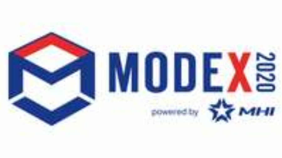 Logo for MODEX 2020 featuring a geometric M icon in red and blue, the text MODEX 2020 with X in red, and powered by MHI with a star symbol.