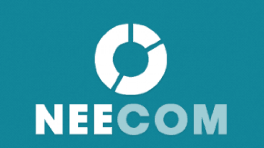 Logo with a circular, segmented graphic above the text NEECOM on a teal background. The letters NEE are white and COM is a lighter shade of teal.