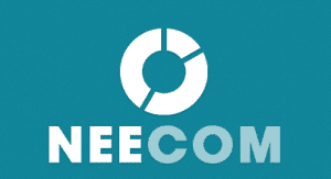 Logo with a circular, segmented graphic above the text NEECOM on a teal background. The letters NEE are white and COM is a lighter shade of teal.