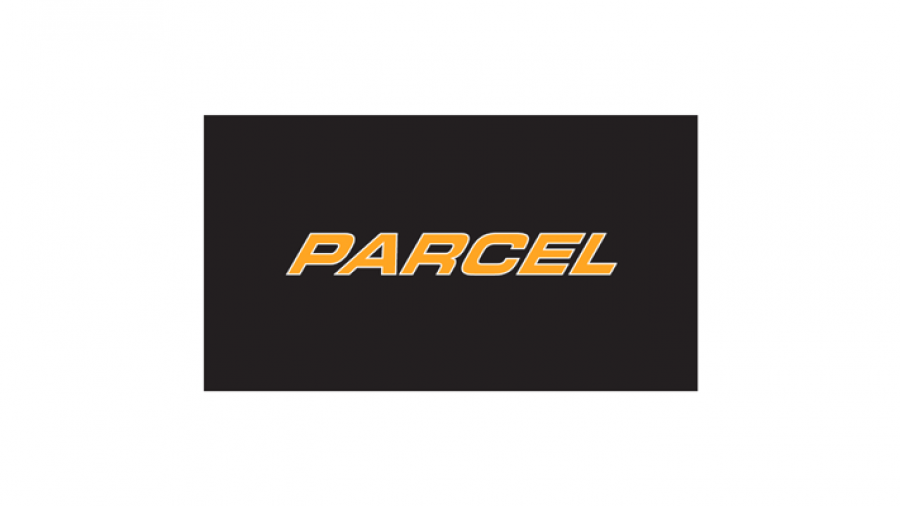 The word PARCEL in bold, italicized, yellow-orange letters with a white outline, centered on a black background.