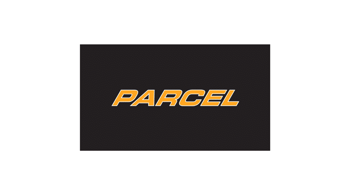 The word PARCEL in bold, italicized, yellow-orange letters with a white outline, centered on a black background.