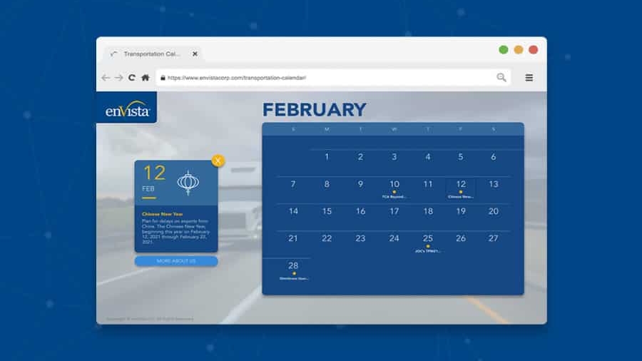 A digital calendar for February is displayed on a computer screen, highlighting February 12th with event details on the left. The background is blue with faint network lines.