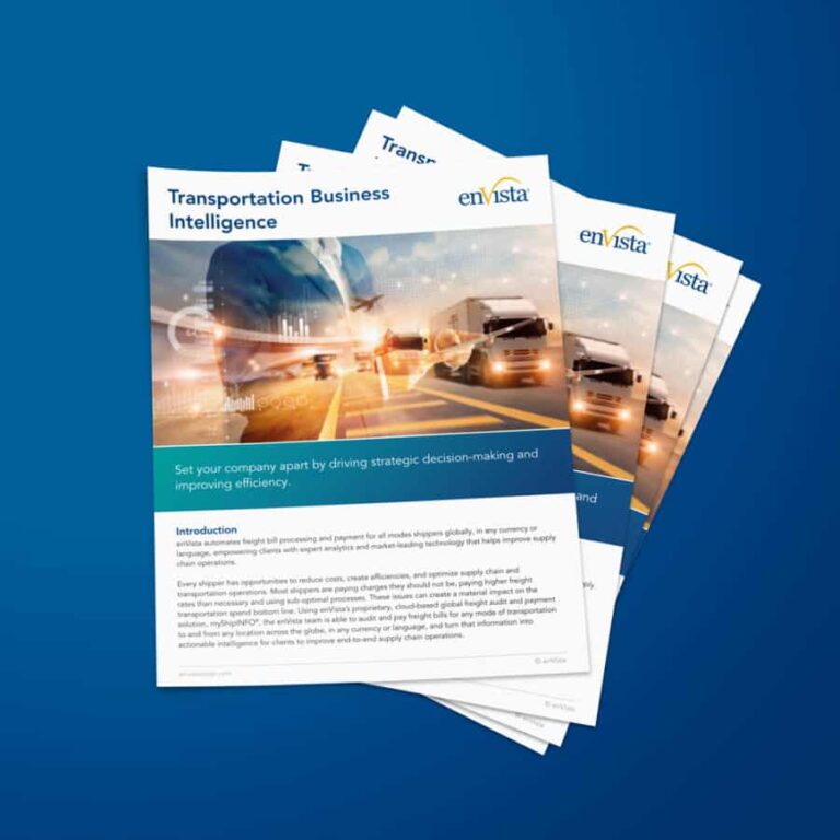 A stack of brochures titled Transportation Business Intelligence featuring images of trucks, a plane, and digital data graphics, placed on a blue background. The brochures display the enVista logo.