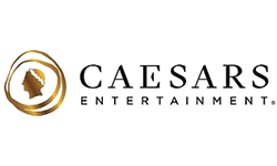 Caesars Entertainment logo featuring a gold laurel-crowned profile silhouette inside a circular gold design, next to the words Caesars Entertainment in black capital letters—ideal for showcasing brand authority in power BI consulting services.