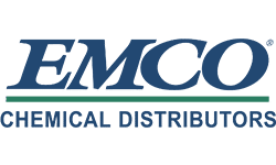 Logo for EMCO Chemical Distributors, featuring EMCO in large blue letters above a green line, with CHEMICAL DISTRIBUTORS in smaller blue text below—ideal for businesses utilizing Dynamics 365 Field Service.