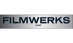 A metallic silver rectangular logo with the word FILMWERKS in large black letters, LLC in smaller letters underneath, reflecting a professional look ideal for Dynamics 365 Field Service branding.