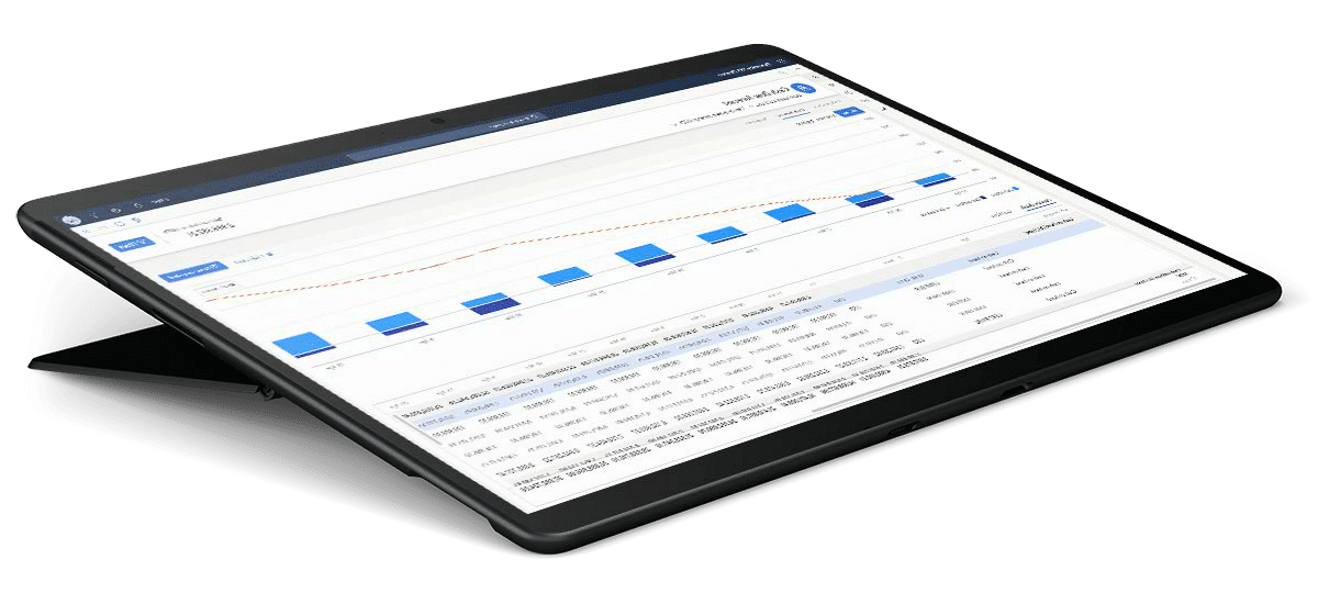 A tablet with a kickstand displays a Dynamics 365 Finance chart featuring a line graph and blue bar graphs, along with a detailed data table below, against a white background.
