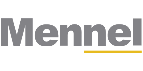 The image displays the word Mennel in large, bold gray letters with a yellow line underneath the last three letters on a light gray background, evoking a modern feel suitable for Dynamics 365 Finance solutions.