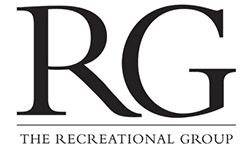 Black letters RG in a bold serif font are above a horizontal line, with the words THE RECREATIONAL GROUP in uppercase below. The clean design reflects professional services like Dynamics 365 Field Service on a light background.