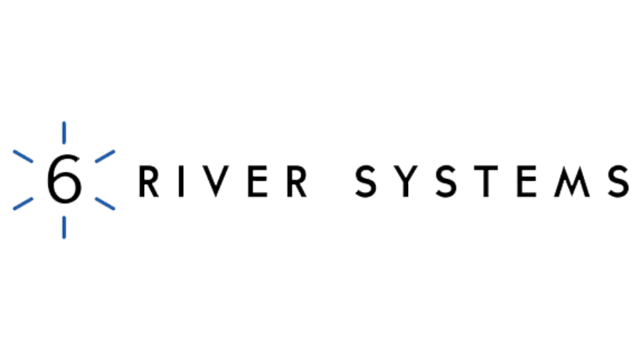 Logo for 6 River Systems featuring a stylized blue number 6 with radiating lines, symbolizing alliances, followed by the words “RIVER SYSTEMS” in black uppercase letters on a light gray background.
