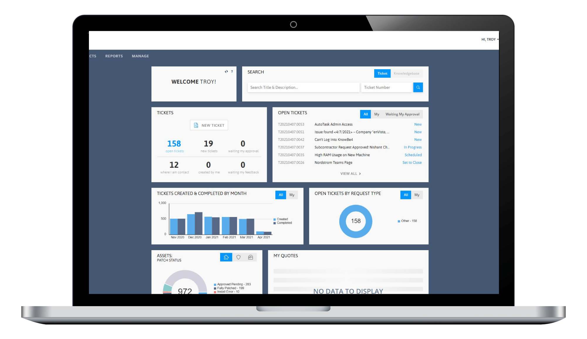 A laptop displaying a dashboard interface with charts, graphs, ticket statistics, and search options on a blue and white background. Various widgets show ticket data, open requests, and network management activity summaries.