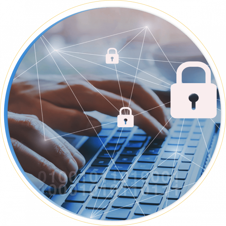 Hands typing on a laptop keyboard with overlay graphics of padlocks and connected lines, symbolizing cybersecurity, security management, and data protection.