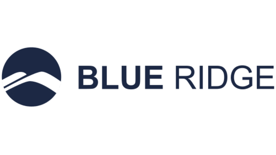 Blue Ridge logo featuring a dark blue circle with stylized white and blue mountain peaks on the left, symbolizing alliances, and the words BLUE RIDGE in bold, dark blue capital letters on the right.