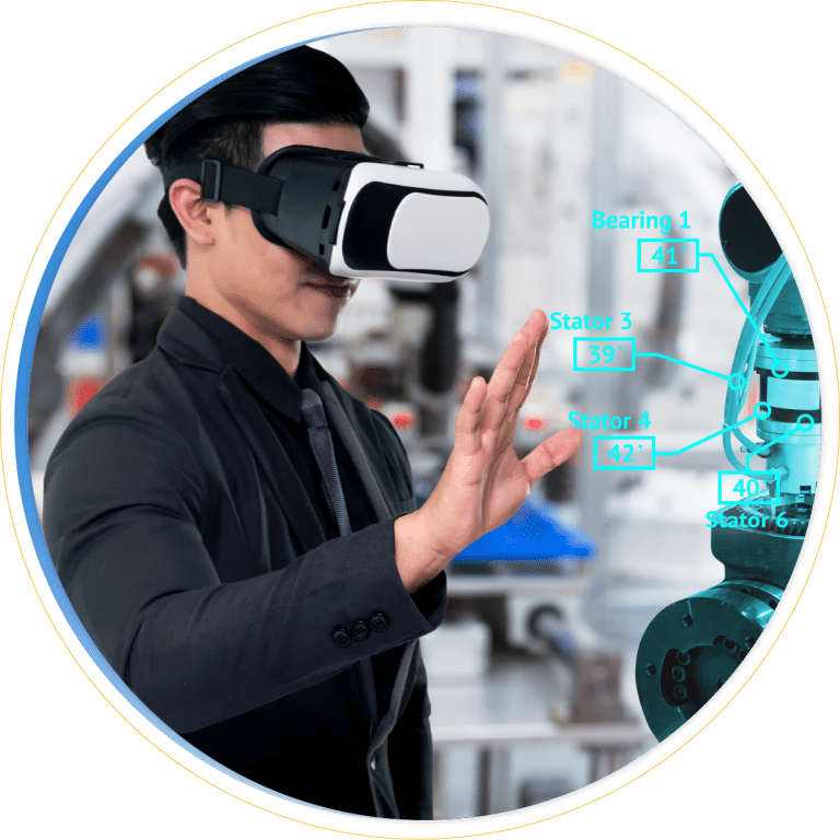 A man in a suit wearing virtual reality goggles interacts with a robotic arm, leveraging Microsoft Dynamics 365 for Manufacturing as digital data overlays display component names and numbers in a high-tech industrial setting.
