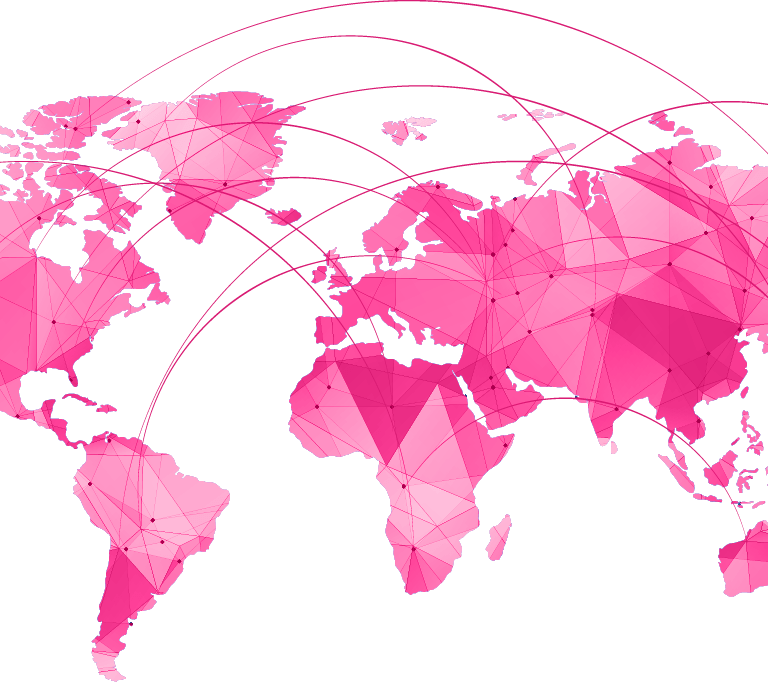 A stylized pink world map with polygonal shading and network lines connecting continents, symbolizing global connections and Supply Chain Network Design & Optimization Services.