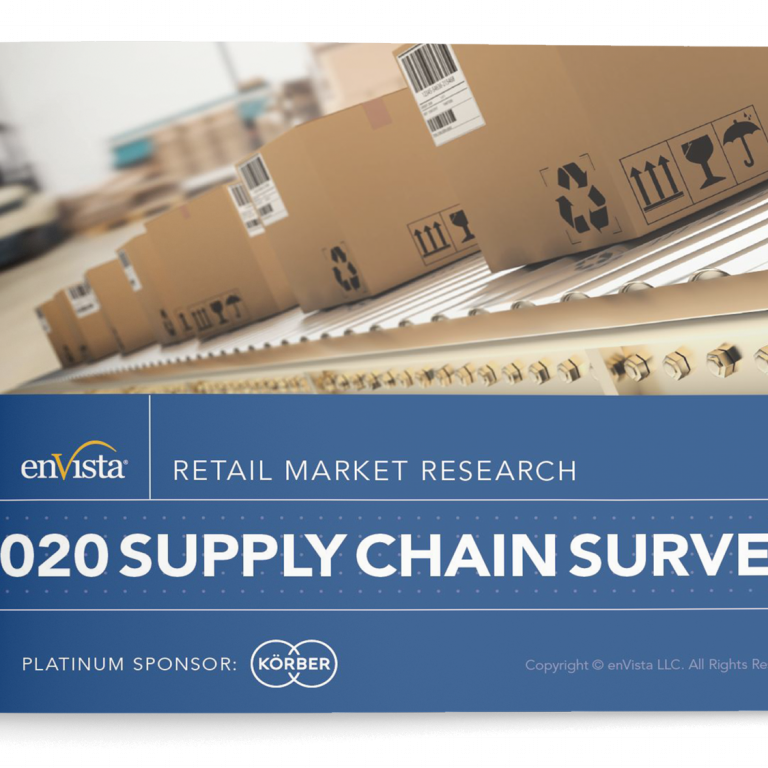 A row of cardboard boxes moves along a conveyor belt. Text overlay reads “enVista Retail Market Research 2020 Supply Chain Survey.” Platinum sponsor: Körber.