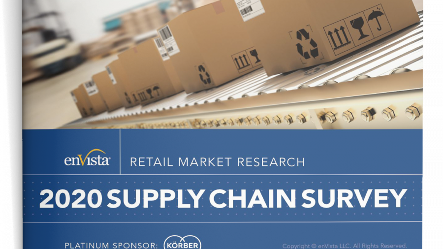 A row of cardboard boxes moves along a conveyor belt. Text overlay reads “enVista Retail Market Research 2020 Supply Chain Survey.” Platinum sponsor: Körber.
