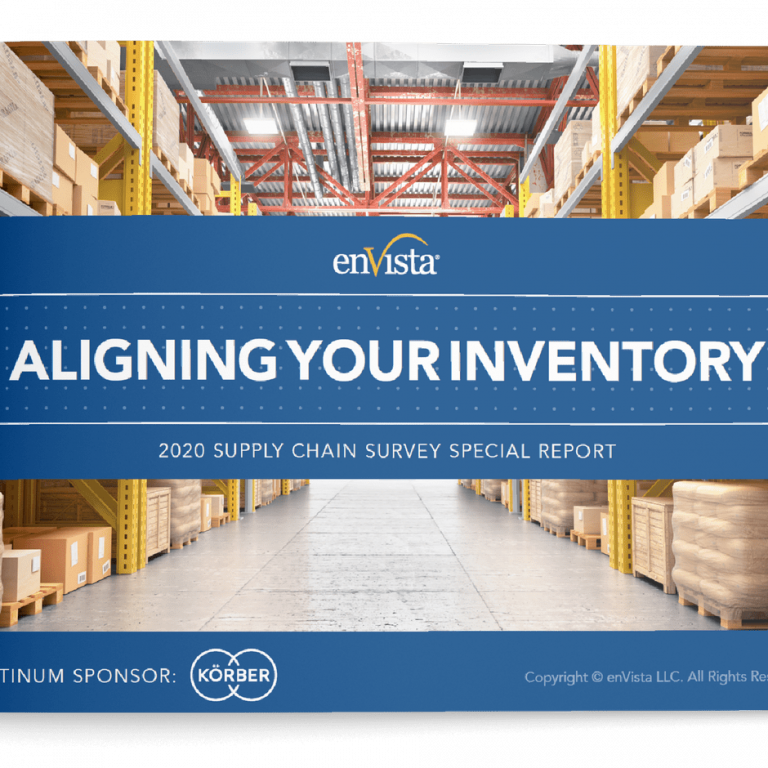 Cover of a report titled Aligning Your Inventory with shelves of boxes in a warehouse. Subtitle: 2020 Supply Chain Survey Special Report. Logos for enVista and sponsor Körber are displayed.