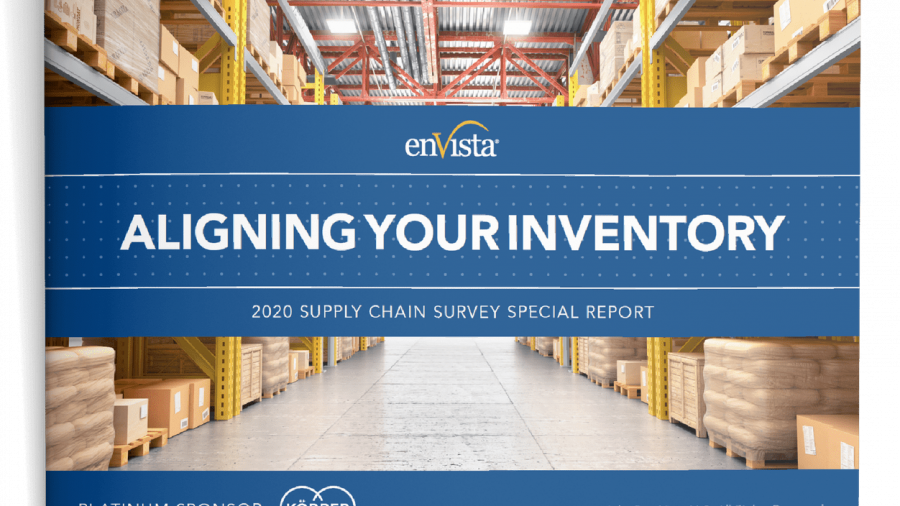 Cover of a report titled Aligning Your Inventory with shelves of boxes in a warehouse. Subtitle: 2020 Supply Chain Survey Special Report. Logos for enVista and sponsor Körber are displayed.