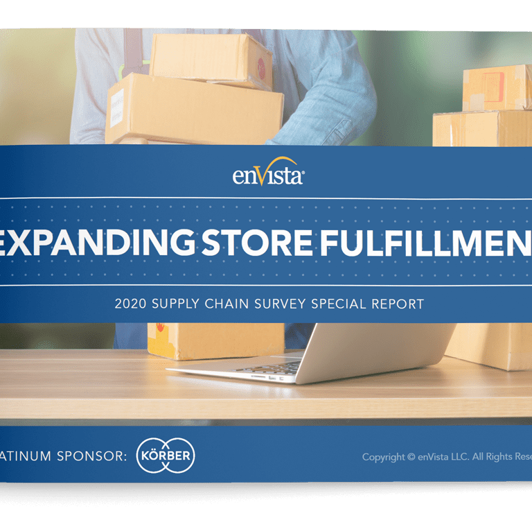 A report cover titled Expanding Store Fulfillment: 2020 Supply Chain Survey Special Report by enVista, featuring stacked cardboard boxes and a person holding a package, with Körber as the platinum sponsor.