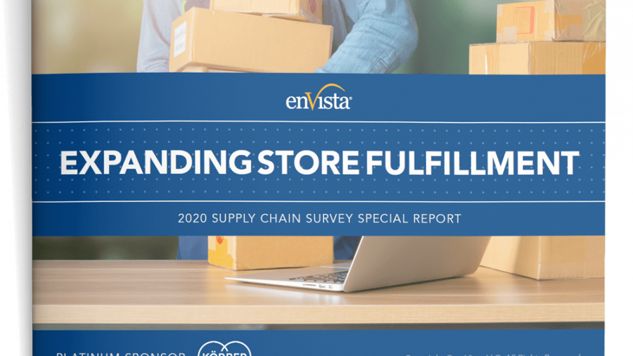 A report cover titled Expanding Store Fulfillment: 2020 Supply Chain Survey Special Report by enVista, featuring stacked cardboard boxes and a person holding a package, with Körber as the platinum sponsor.