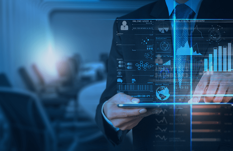 A person in a suit uses a tablet in a modern office, with digital graphs, charts, and data visualizations overlaid, symbolizing technology, data analysis, and the impact of Power BI consulting services.