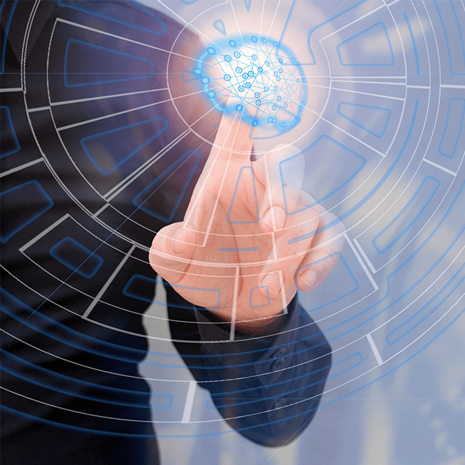 A person in a suit touches a virtual touchscreen displaying a glowing digital network and circular interface, symbolizing technology and innovation.