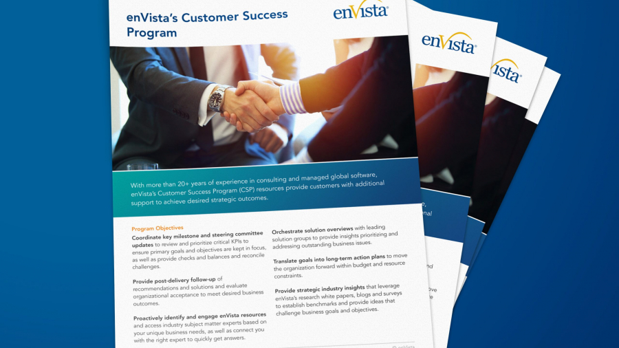 A stack of brochures titled “enVista’s Customer Success Program” is displayed on a blue background. The top brochure features a handshake image and information about program objectives and offered solutions.
