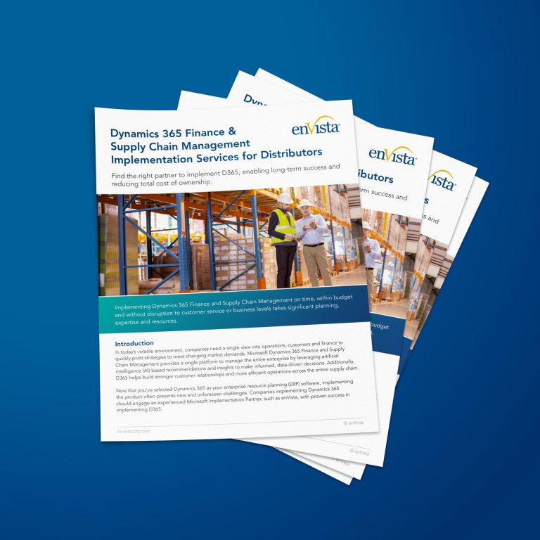 A stack of brochures titled Dynamics 365 Finance & Supply Chain Management Implementation Services for Distributors, featuring images of warehouse workers and the enVista logo on a blue background, highlights Microsoft for Distribution solutions.