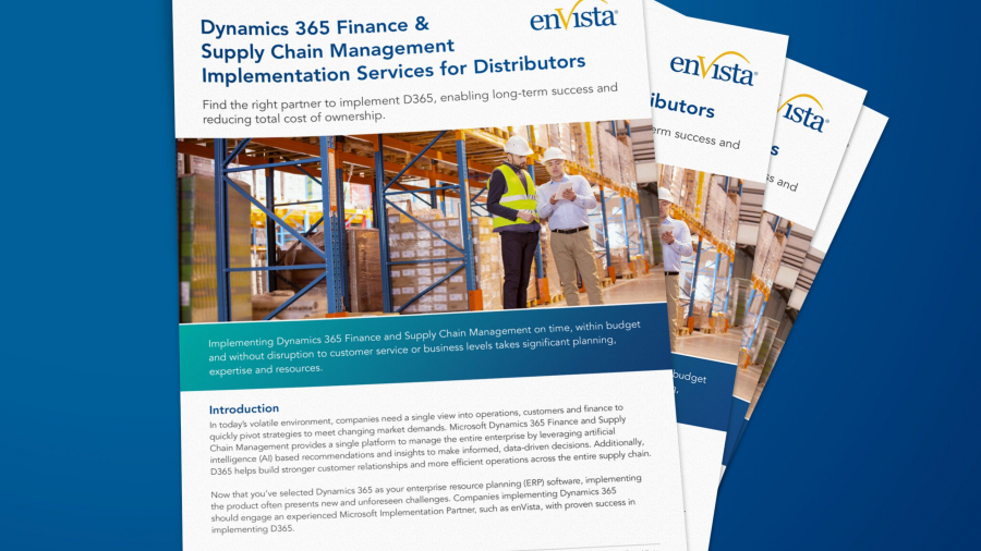 A stack of brochures titled Dynamics 365 Finance & Supply Chain Management Implementation Services for Distributors, featuring images of warehouse workers and the enVista logo on a blue background, highlights Microsoft for Distribution solutions.