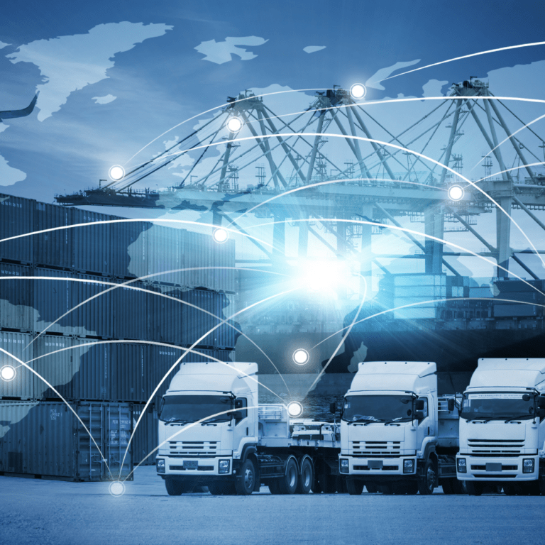 A collage showing trucks, shipping cranes, and an airplane overlaid with a world map and glowing network lines, representing global logistics and transportation connections.