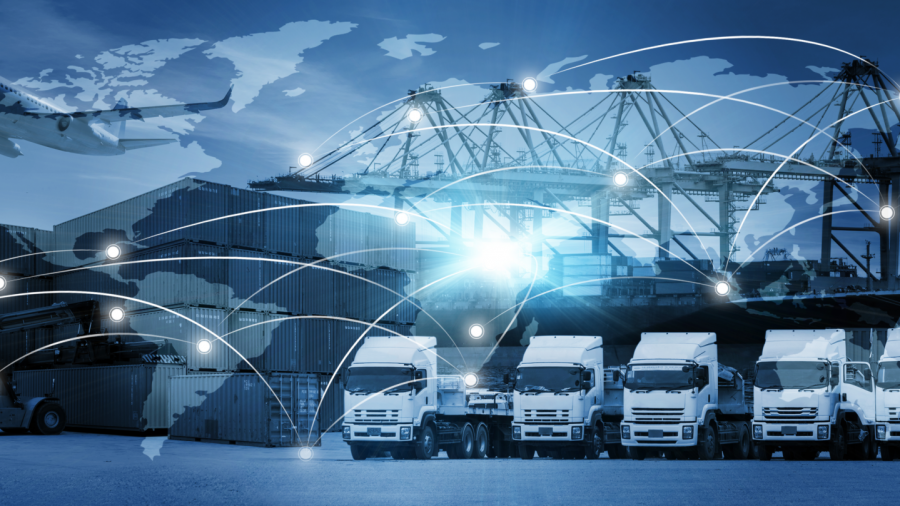 A collage showing trucks, shipping cranes, and an airplane overlaid with a world map and glowing network lines, representing global logistics and transportation connections.