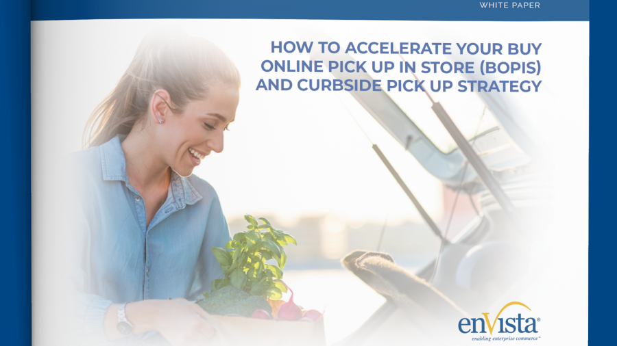A woman smiles while loading groceries into her car. The text on the image reads: How to Accelerate Your Buy Online Pick Up In Store (BOPIS) and Curbside Pick Up Strategy. The enVista logo appears at the bottom right.