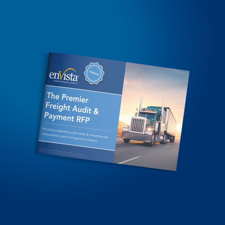 A booklet titled The Premier Freight Audit & Payment RFP with an image of a semi-truck driving on a highway, created by enVista, is displayed on a blue background.