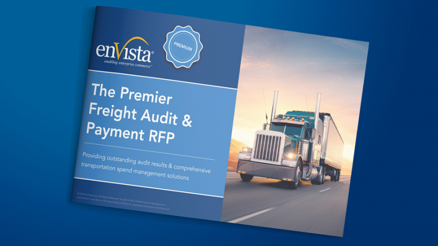 A booklet titled The Premier Freight Audit & Payment RFP with an image of a semi-truck driving on a highway, created by enVista, is displayed on a blue background.