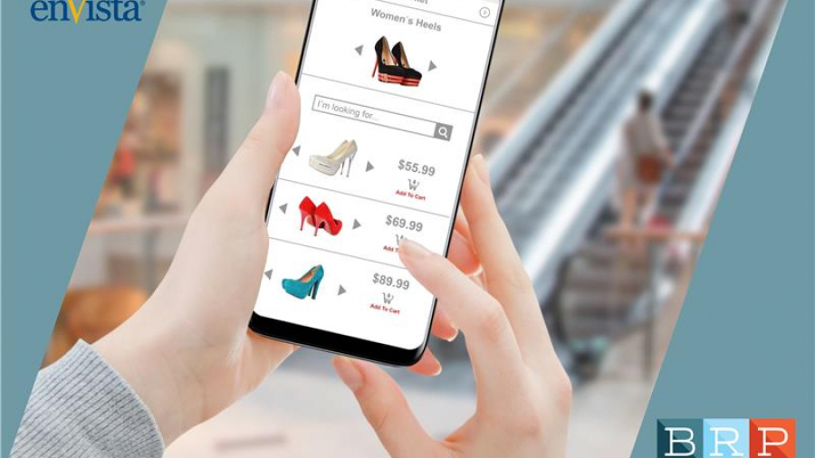 A person browses women’s shoes on a smartphone, with prices and images visible. The background shows an escalator in a retail setting. Text below reads: “2019 SPECIAL REPORT: The Mobilization of Retail.”.