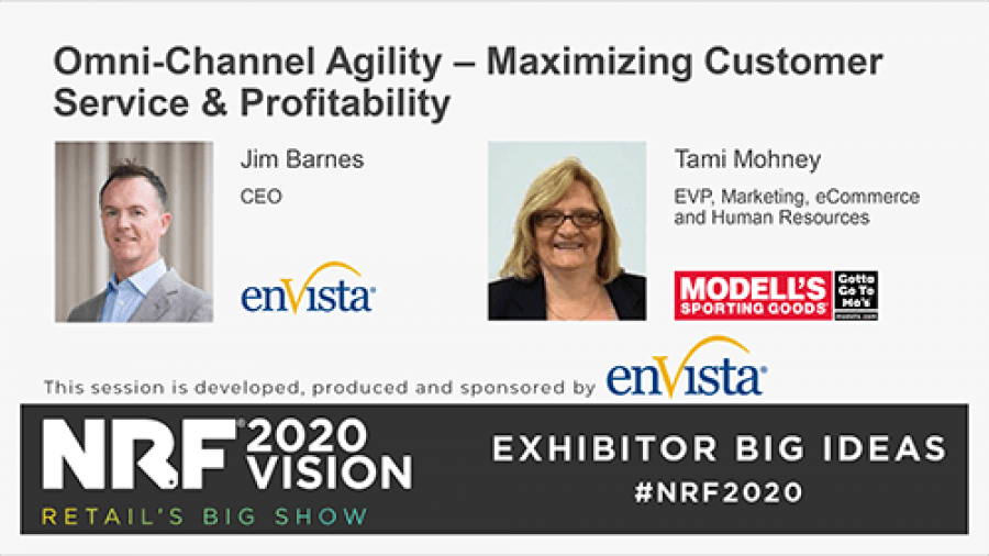 A presentation slide for NRF 2020 Vision features speakers Jim Barnes, CEO of enVista, and Tami Mohney, EVP at Modell’s Sporting Goods, on Omni-Channel Agility—Maximizing Customer Service & Profitability.