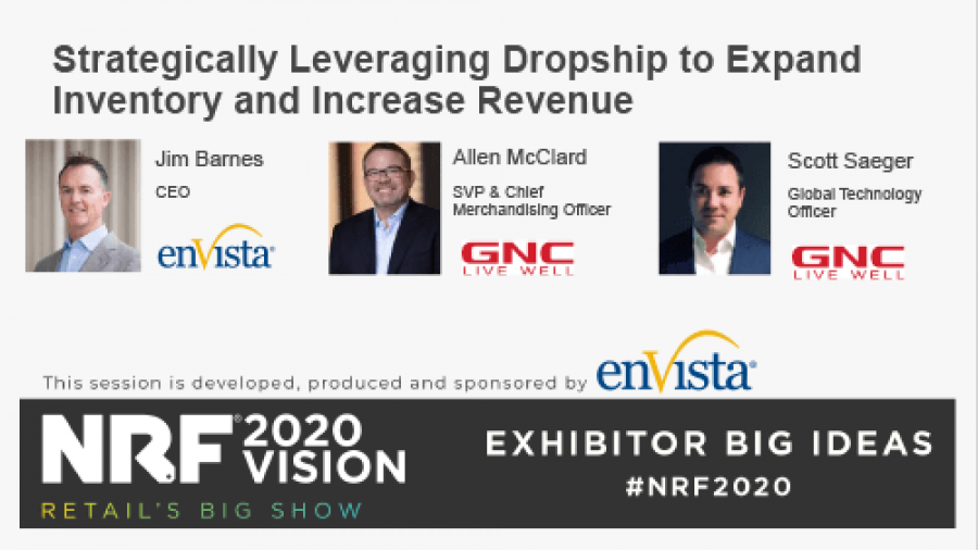 A promotional banner for an NRF 2020 Vision event titled Strategically Leveraging Dropship to Expand Inventory and Increase Revenue, featuring Jim Barnes, Allen McClard, and Scott Saeger with their photos and titles.