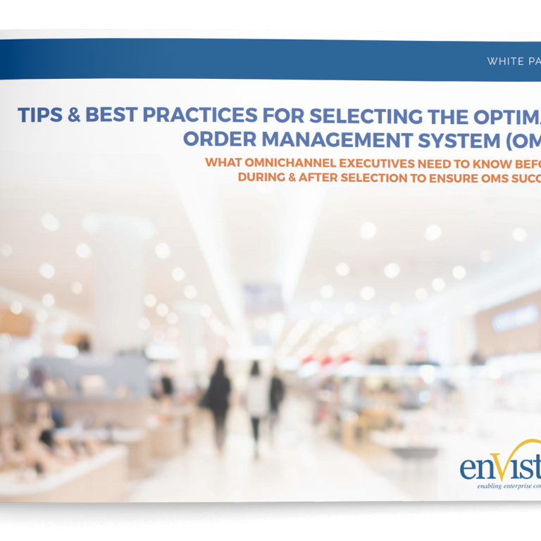 A white paper cover with a blurred image of a department store, featuring the title Tips & Best Practices for Selecting the Optimal Order Management Systems (OMS) and the enVista logo at the bottom right.