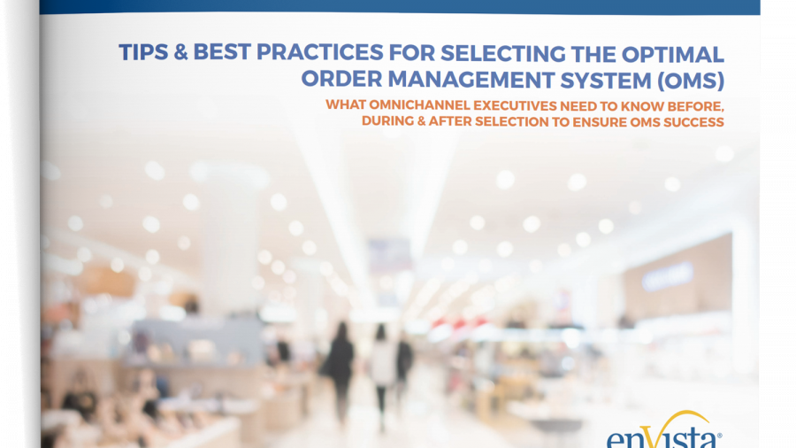 A white paper cover with a blurred image of a department store, featuring the title Tips & Best Practices for Selecting the Optimal Order Management Systems (OMS) and the enVista logo at the bottom right.