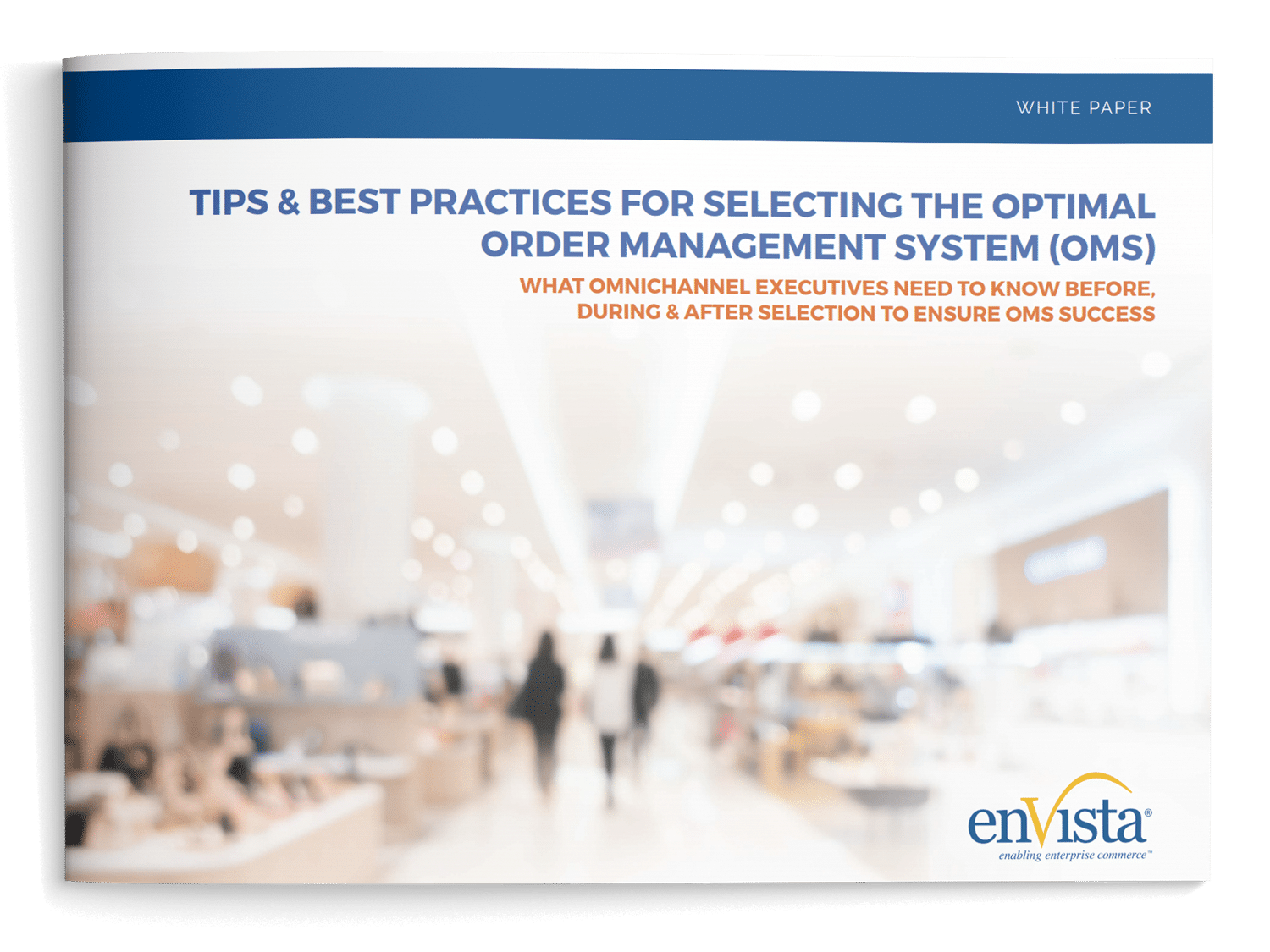 A white paper cover with a blurred image of a department store, featuring the title Tips & Best Practices for Selecting the Optimal Order Management Systems (OMS) and the enVista logo at the bottom right.