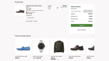 Screenshot of an online shopping cart in Dynamics 365 Commerce showing a pair of Grand Laser Toe Leather Oxfords, order summary with prices, and frequently bought together items like shoes, a watch, and a sweater.