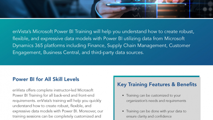 A professional flyer for enVistas Microsoft Power BI Training highlights benefits, features, and an overview of the program, alongside branding elements and boxes for Power BI for All Skill Levels and Key Training Features & Benefits.