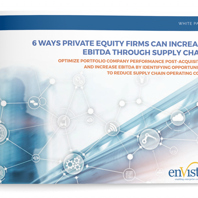 White paper cover titled 6 Ways Private Equity Firms Can Increase EBITDA Through Supply Chain, featuring abstract network graphics and the enVista logo at the bottom right—ideal for those seeking private equity consulting insights.