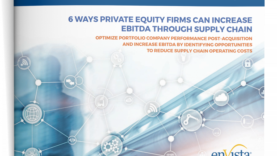 White paper cover titled 6 Ways Private Equity Firms Can Increase EBITDA Through Supply Chain, featuring abstract network graphics and the enVista logo at the bottom right—ideal for those seeking private equity consulting insights.