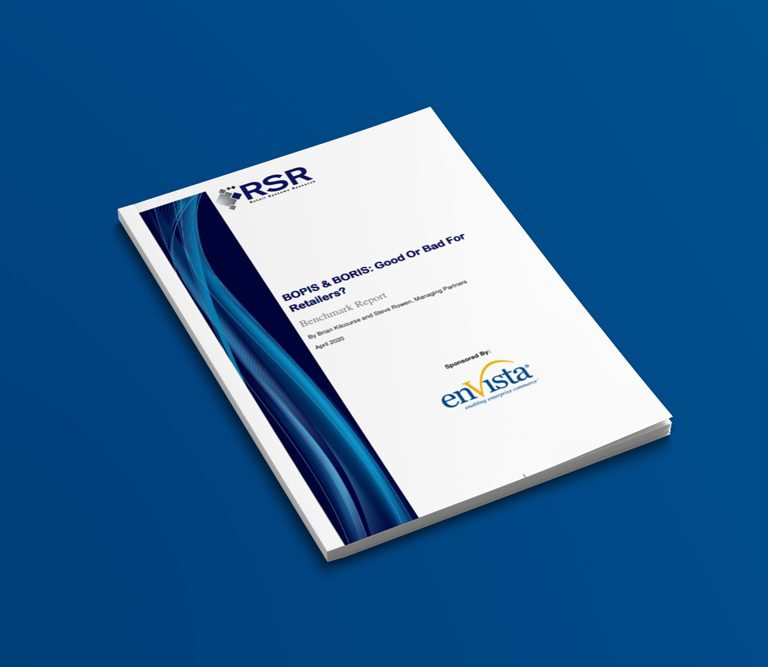A white report booklet with a blue abstract design on the cover sits on a blue surface. The cover includes RSR and enVista logos and text titled BOPIS & BORIS: Good Or Bad For Retailers?.